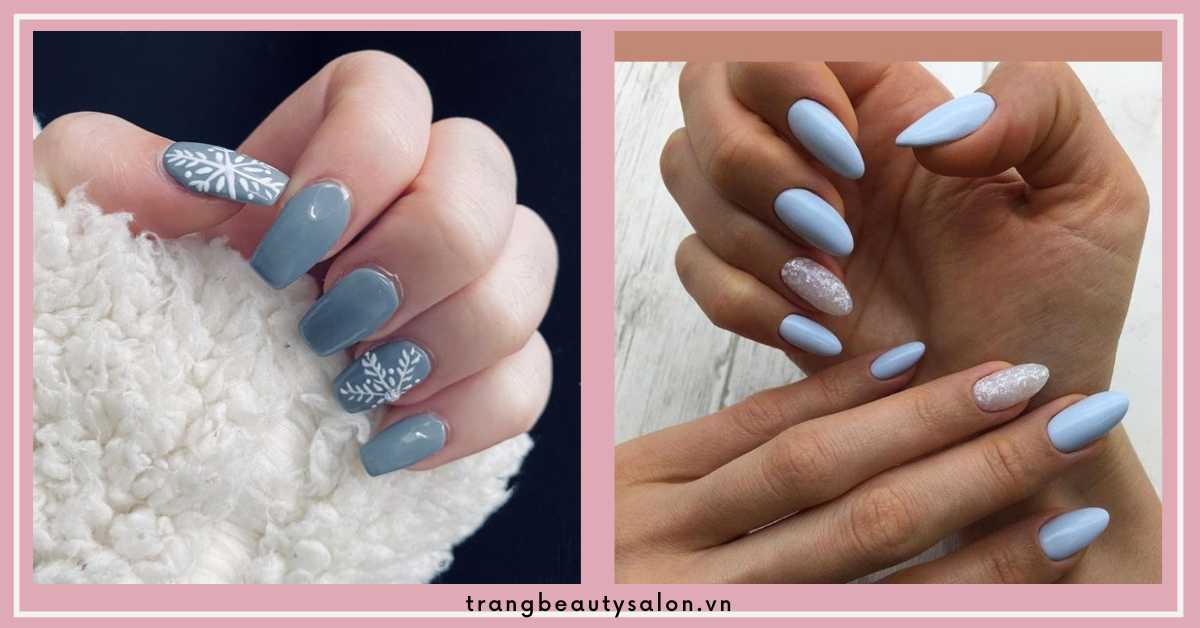 Mẫu nail màu xanh xám vô cùng phù hợp để diện vào mùa đông cùng vẽ hoạ tiết bông tuyết nhẹ nhàng