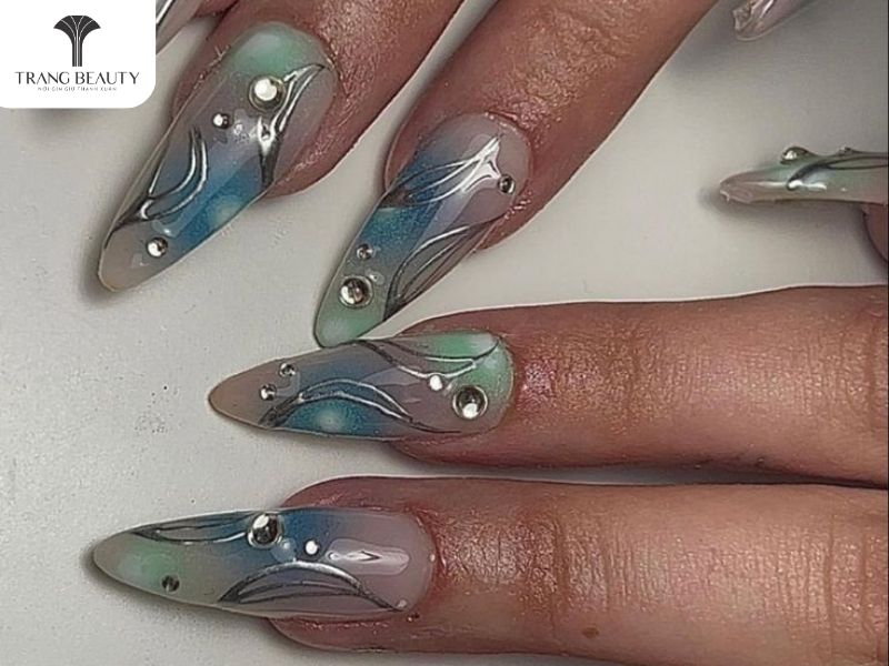 Những mẫu nail đẹp màu xanh lam cho móng dài 